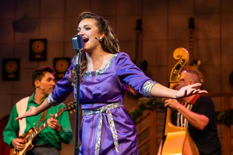 A singer in a purple dress performs at a vintage microphone, flanked by a guitarist and an upright bass player.